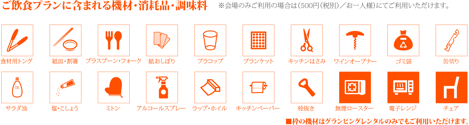 ご飲食プランに含まれる機材・消耗品・調味料